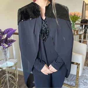 Steffen Schraut Sleeveles Black Sheer Shoulder Pads Sequin Top Cape Wrap Vtg M